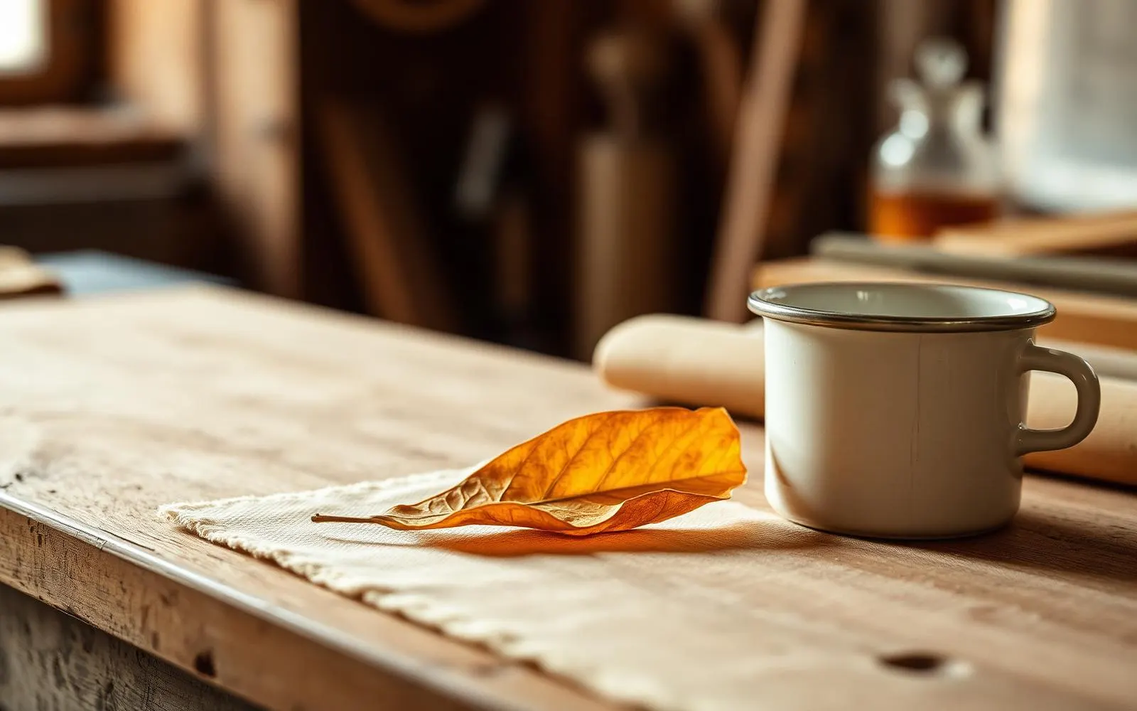 A single golden-brown tobacco leaf on linen, next to a bowl of Swiss mountain spring water