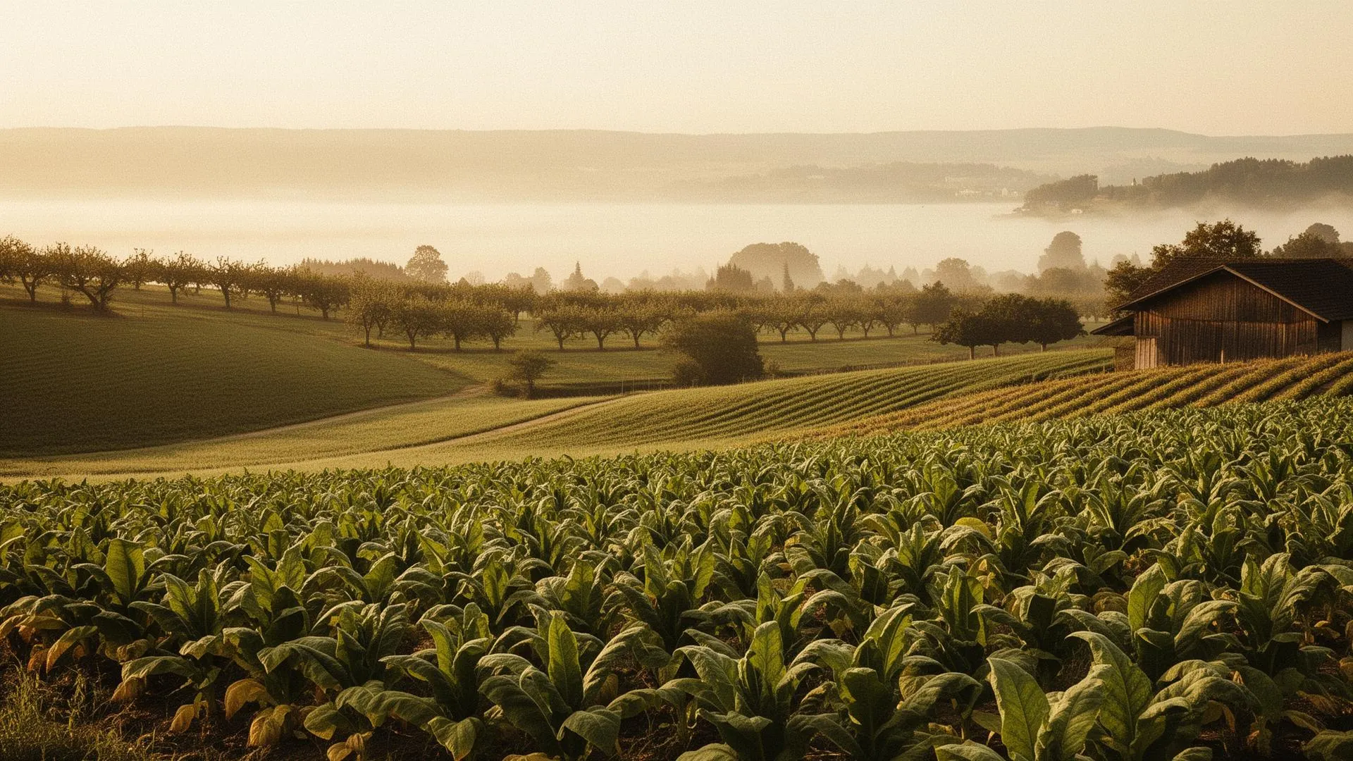 Campo di tabacco svizzero sul lago di Costanza nella luce mattutina, con frutteti e capannone di essiccazione sullo sfondo